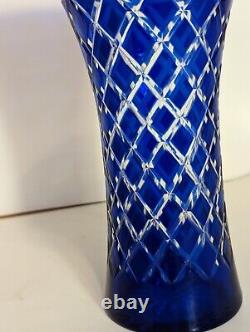 Vintage Bohemian Czech Colbolt Blue Cut/Clear Crystal Glass 9 Starburst Vase