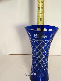 Vintage Bohemian Czech Colbolt Blue Cut/Clear Crystal Glass 9 Starburst Vase
