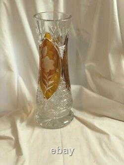 Vintage Bohemian Czech Crystal Amber Cut To Clear & Clear Cut 12 Vase
