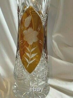 Vintage Bohemian Czech Crystal Amber Cut To Clear & Clear Cut 12 Vase