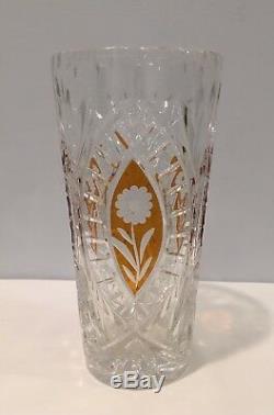 Vintage Bohemian Czech Crystal Amber Cut To Clear & Clear Cut 8-1/4 Vase MINT