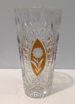 Vintage Bohemian Czech Crystal Amber Cut To Clear & Clear Cut 8-1/4 Vase MINT