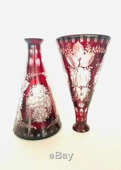 Vintage Bohemian Czech Cut Crystal Glass Red Flower Vase / Decanter Egermann