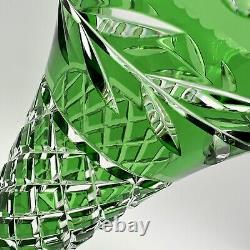 Vintage Bohemian Czech Green Cut To Clear Crystal Glass Vase 10