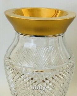 Vintage Bohemian Czech Heavy Diamond Cut Crystal Vase with Gold Trim