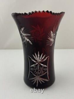 Vintage Bohemian Czech Ruby Red Cut To Clear Crystal Sawtooth Rim Vase 6