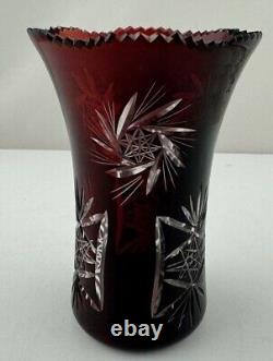 Vintage Bohemian Czech Ruby Red Cut To Clear Crystal Sawtooth Rim Vase 6