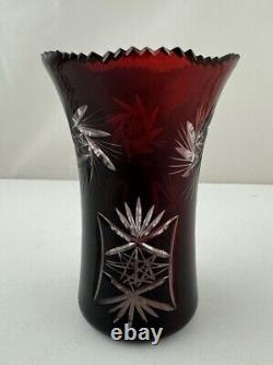 Vintage Bohemian Czech Ruby Red Cut To Clear Crystal Sawtooth Rim Vase 6