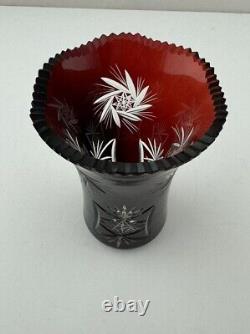 Vintage Bohemian Czech Ruby Red Cut To Clear Crystal Sawtooth Rim Vase 6