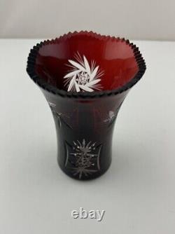 Vintage Bohemian Czech Ruby Red Cut To Clear Crystal Sawtooth Rim Vase 6