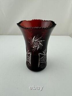 Vintage Bohemian Czech Ruby Red Cut To Clear Crystal Sawtooth Rim Vase 6