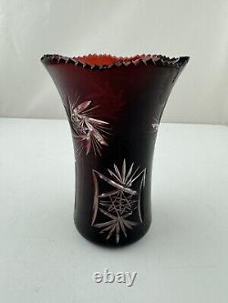 Vintage Bohemian Czech Ruby Red Cut To Clear Crystal Sawtooth Rim Vase 6