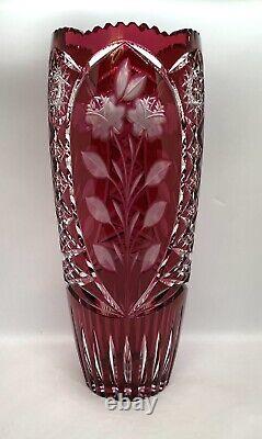 Vintage Bohemian Czech Ruby Red Cut To Clear Crystal Sawtooth Rim XLarge Vase14