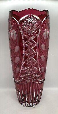 Vintage Bohemian Czech Ruby Red Cut To Clear Crystal Sawtooth Rim XLarge Vase14