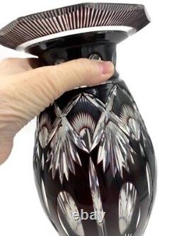 Vintage Bohemian Dark Ox Blood Red Crystal Hand Cut Clear Crystal Vase 10 5/8