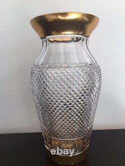 Vintage Bohemian Diamond Cut Crystal Vase Gilt Rim H 12