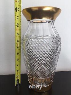 Vintage Bohemian Diamond Cut Crystal Vase Gilt Rim H 12