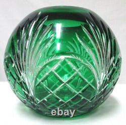 Vintage Bohemian Emerald Green Cut Glass Crystal Bowl Vase 6.5 tall 7.5 wide