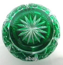 Vintage Bohemian Emerald Green Cut Glass Crystal Bowl Vase 6.5 tall 7.5 wide