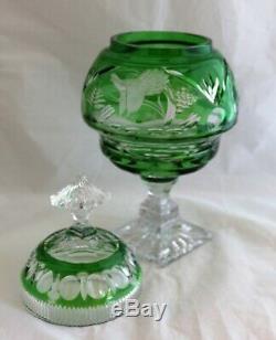 Vintage Bohemian Imperlux Cut Glass Crystal Green Urn Vase Engraved Birds Deer