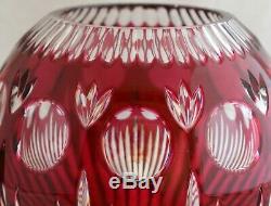 Vintage Bohemian Imperlux Cut Glass Crystal Ruby Red Rose Ball Vase Circle Fans