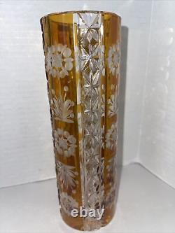 Vintage Bohemian Vase Czech Cut Crystal Amber Floral Design 8 Tall