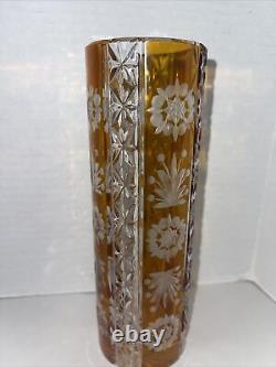 Vintage Bohemian Vase Czech Cut Crystal Amber Floral Design 8 Tall