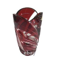 Vintage Bohemian West Germany Hand Cut Crystal Vase Cut To Clear Cranberry Euc