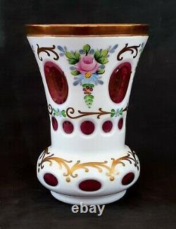 Vintage Bohemian ruby to white cut crystal hand painted vase, 5.5 inches
