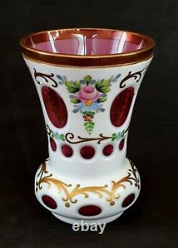 Vintage Bohemian ruby to white cut crystal hand painted vase, 5.5 inches