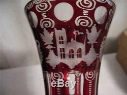 Vintage Castle Grouse Ruby Red Vase Cut To Clear Crystal Bohemian Glass Czech