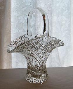 Vintage Clear Lead Crystal Cut Glass Basket Vase Floral Diamond Button Patterns