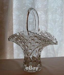Vintage Clear Lead Crystal Cut Glass Basket Vase Floral Diamond Button Patterns
