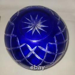 Vintage Cobalt Blue Bohemian Cut To Clear Crystal Rose Bowl Vase Starburst Czech