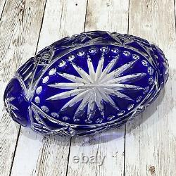 Vintage Cobalt Blue Cut To Clear Bohemian Czech Crystal Oval Bowl