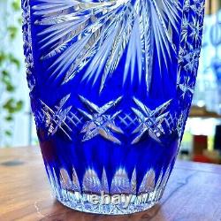 Vintage Cobalt Blue Cut to Clear Large Heavy Lead Crystal Bohemian Vase 9.5