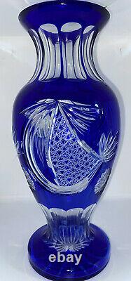 Vintage Cobalt Blue Czech Bohemia Cut to Clear Crystal Large Vase