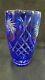 Vintage Cobalt Blue Czech Bohemia Cut To Clear Crystal Vase 10 Tall 6 Wide