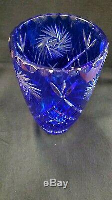 Vintage Cobalt Blue Czech Bohemia Cut to clear Crystal Vase 10 Tall 6 Wide