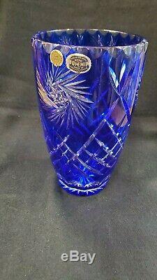Vintage Cobalt Blue Czech Bohemia Cut to clear Crystal Vase 10 Tall 6 Wide