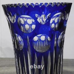 Vintage Cobalt Blue Lead Crystal Cut to Clear Vase 10 Tall