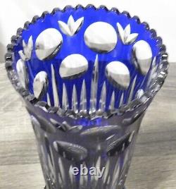 Vintage Cobalt Blue Lead Crystal Cut to Clear Vase 10 Tall