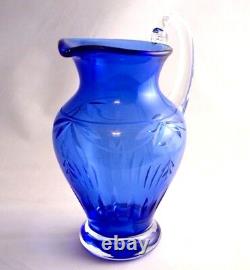 Vintage Cobalt Blue Water Pitcher Vase Hand Cut Crystal