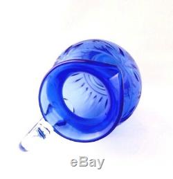 Vintage Cobalt Blue Water Pitcher Vase Hand Cut Crystal