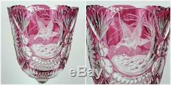 Vintage Cranberry Crystal Pedestal Vase Cut to Clear Bird 11 Art Glass Signed