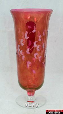Vintage Cranberry Cut to Clear Etched Bohemian Red Floral Crystal Glass Vase L5Y