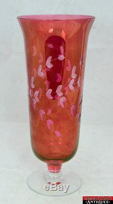 Vintage Cranberry Cut to Clear Etched Bohemian Red Floral Crystal Glass Vase L5Y