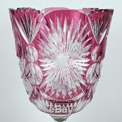 Vintage Cranberry Glass Pedestal Vase Cut to Clear Crystal Bird Decorated 11+