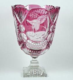 Vintage Cranberry Glass Pedestal Vase Cut to Clear Crystal Bird Decorated 11+
