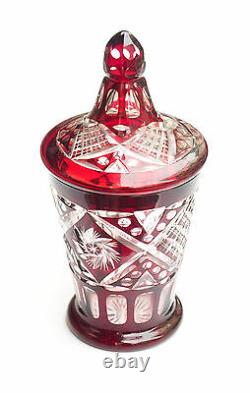Vintage Cranberry Red Cut Crystal Sweet Candy Box Vase Bowl Cup